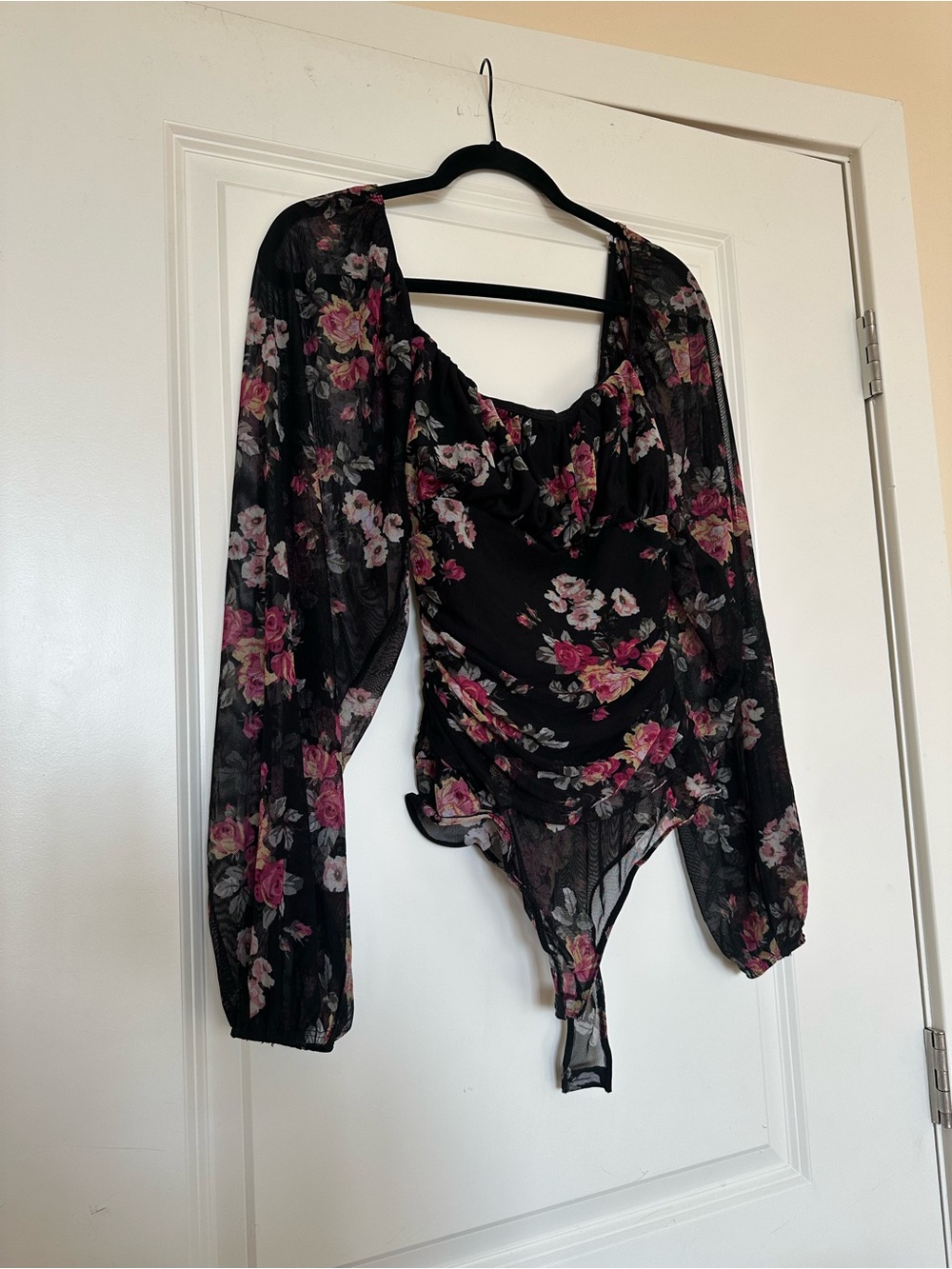 Lulu's Black Sheer Floral Long-Sleeve Bodysuit